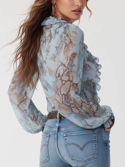 Ladies' Airy Chiffon Blouse with Ruffles and Puff Sleeves