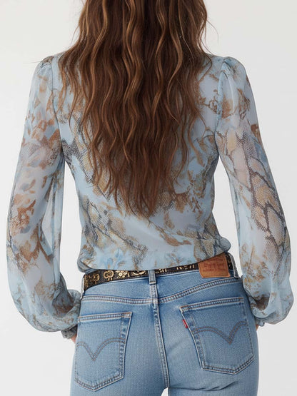 Ladies' Airy Chiffon Blouse with Ruffles and Puff Sleeves