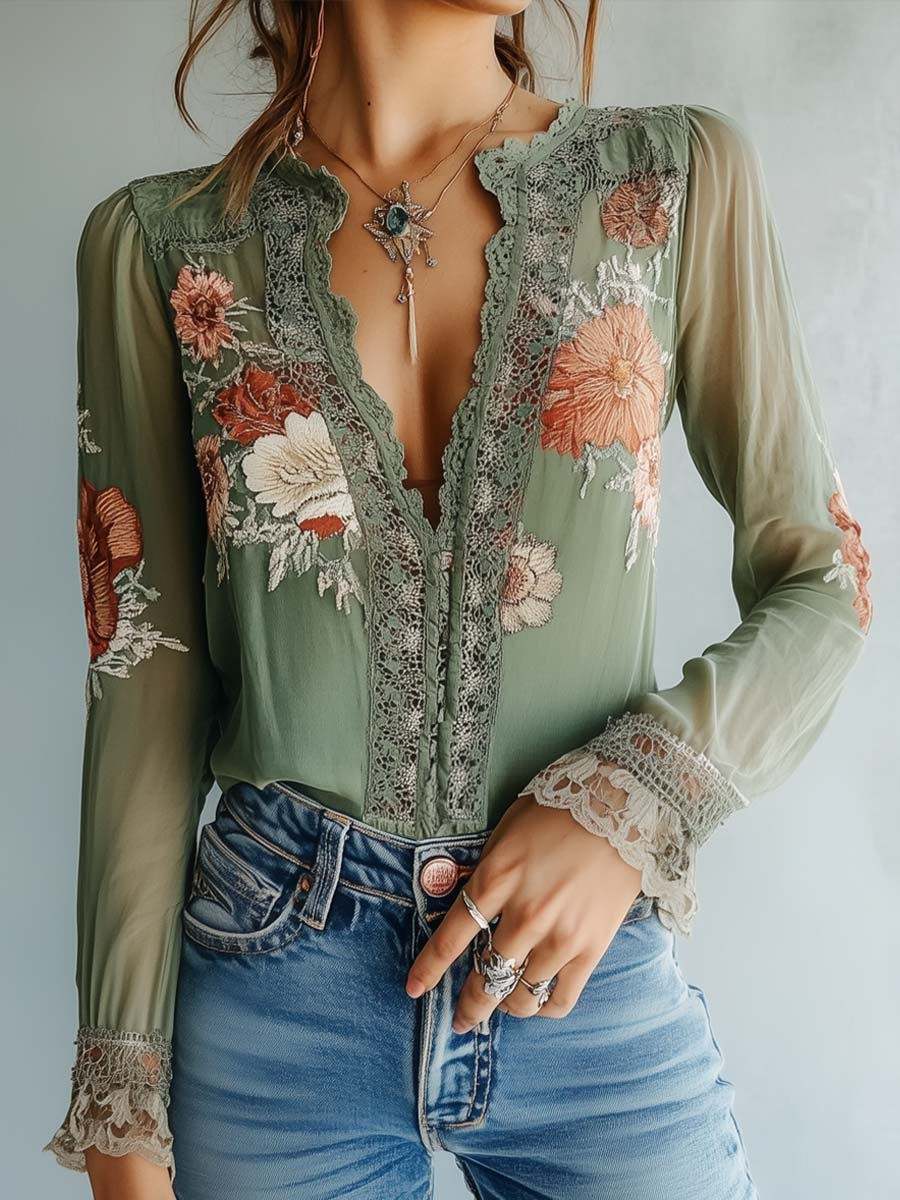 Ladies' Airy Blouse with Lace V-Neck and Floral Design