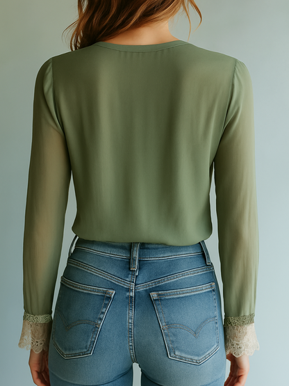 Ladies' Airy Blouse with Lace V-Neck and Floral Design