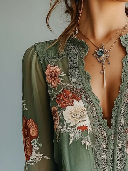 Ladies' Airy Blouse with Lace V-Neck and Floral Design