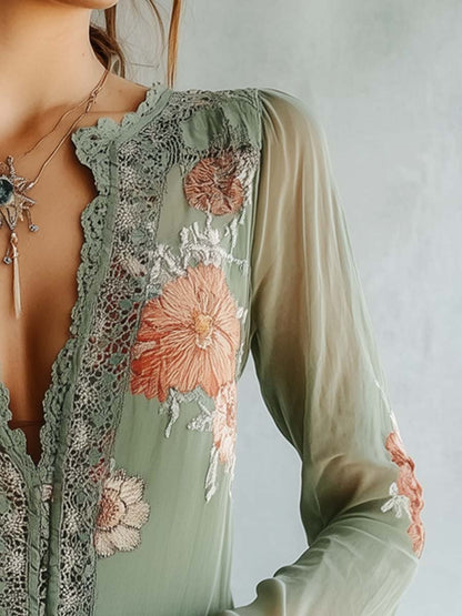 Ladies' Airy Blouse with Lace V-Neck and Floral Design