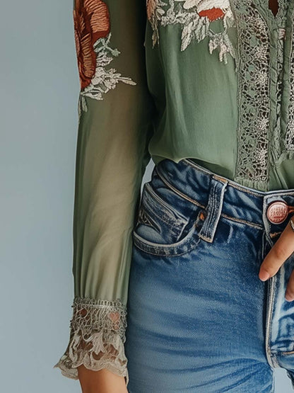 Ladies' Airy Blouse with Lace V-Neck and Floral Design