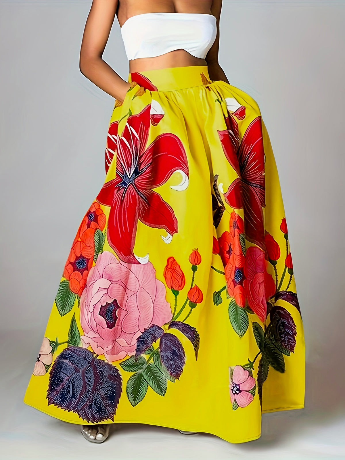 Ladies' Romantic Wide Maxi Skirt with High Waist and Pockets