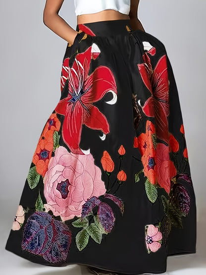 Ladies' Romantic Wide Maxi Skirt with High Waist and Pockets