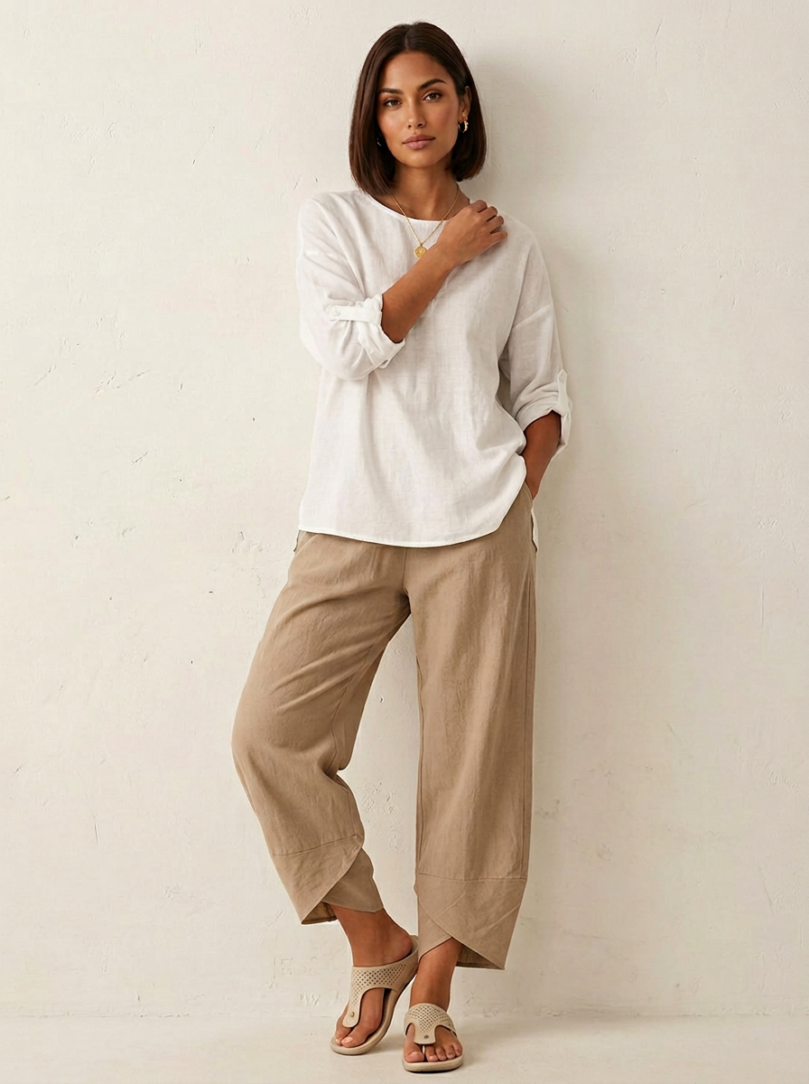 Ladies' Elegant Wide Leg Trousers with Elastic Waist and Split