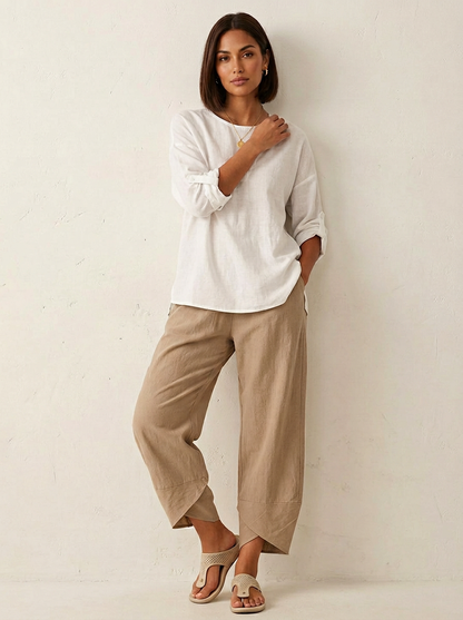 Ladies' Elegant Wide Leg Trousers with Elastic Waist and Split