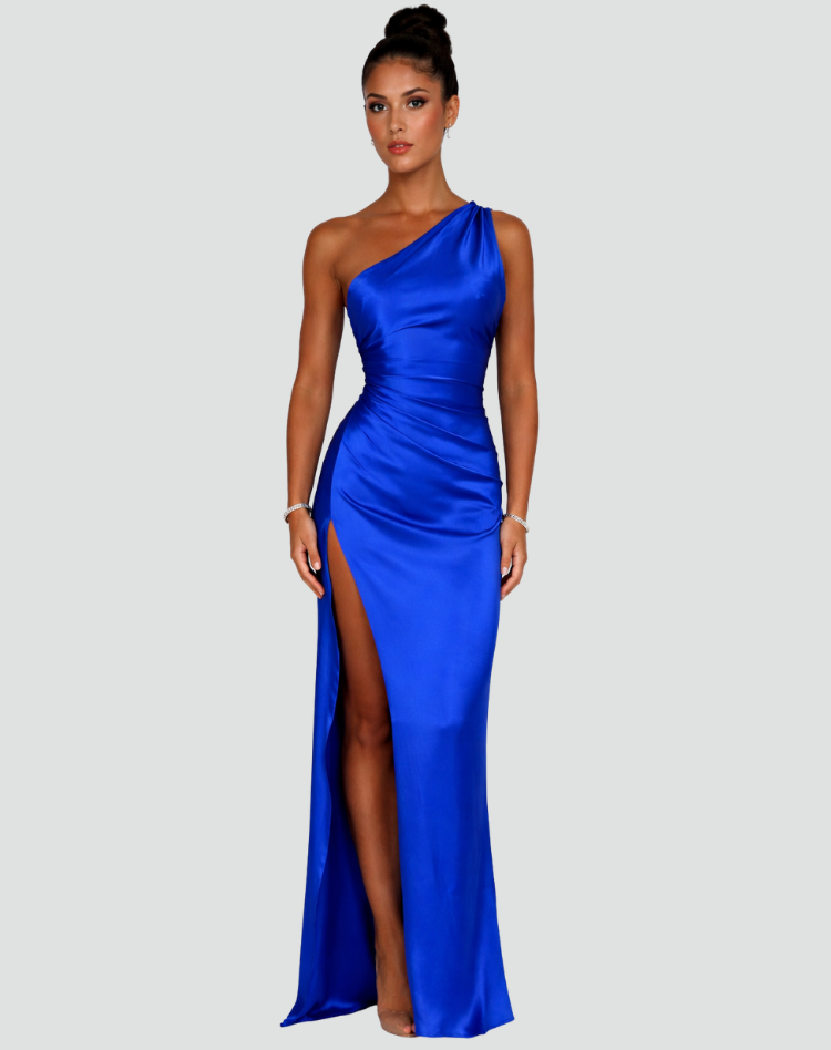 Elegant Satin One Shoulder Maxi Evening Dress with High Split