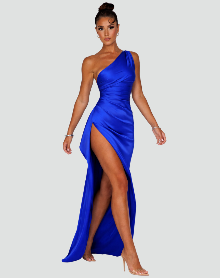 Elegant Satin One Shoulder Maxi Evening Dress with High Split