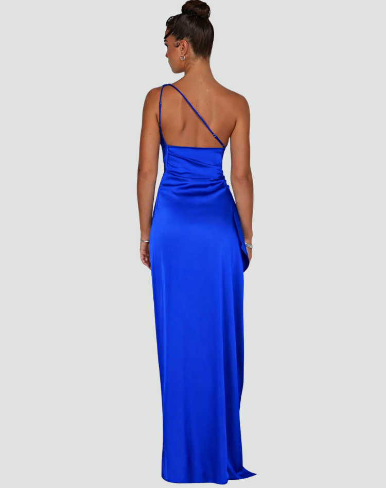 Elegant Satin One Shoulder Maxi Evening Dress with High Split