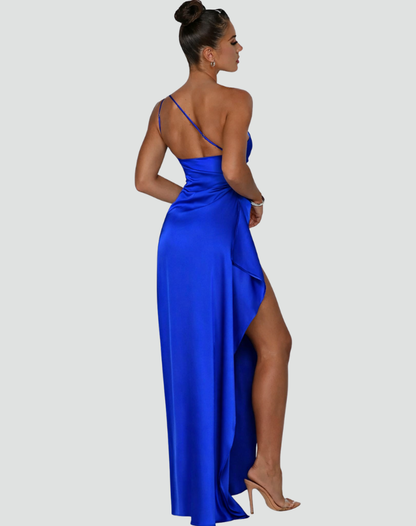 Elegant Satin One Shoulder Maxi Evening Dress with High Split