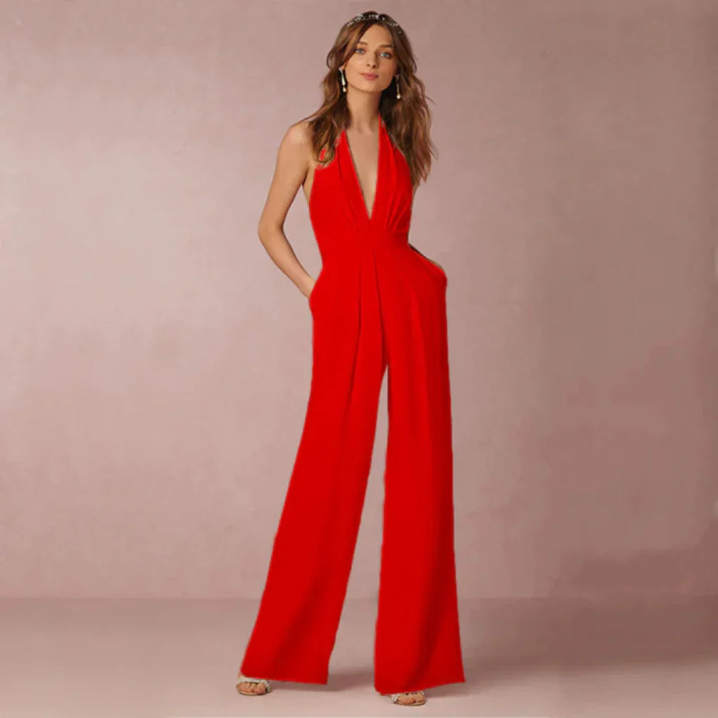 Deep V-neck jumpsuit with open back