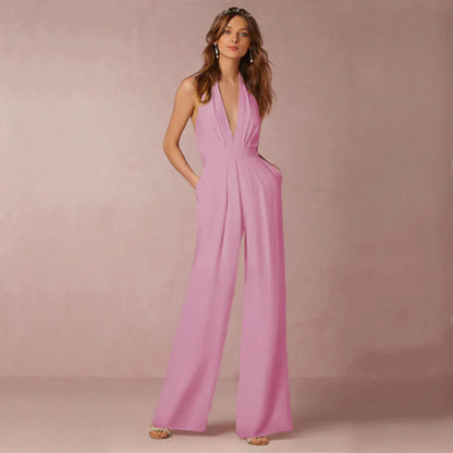Deep V-neck jumpsuit with open back