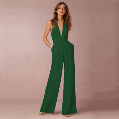 Deep V-neck jumpsuit with open back