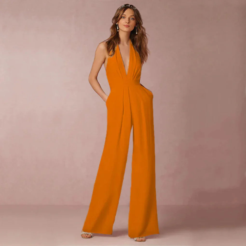 Deep V-neck jumpsuit with open back