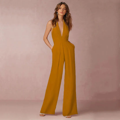 Deep V-neck jumpsuit with open back