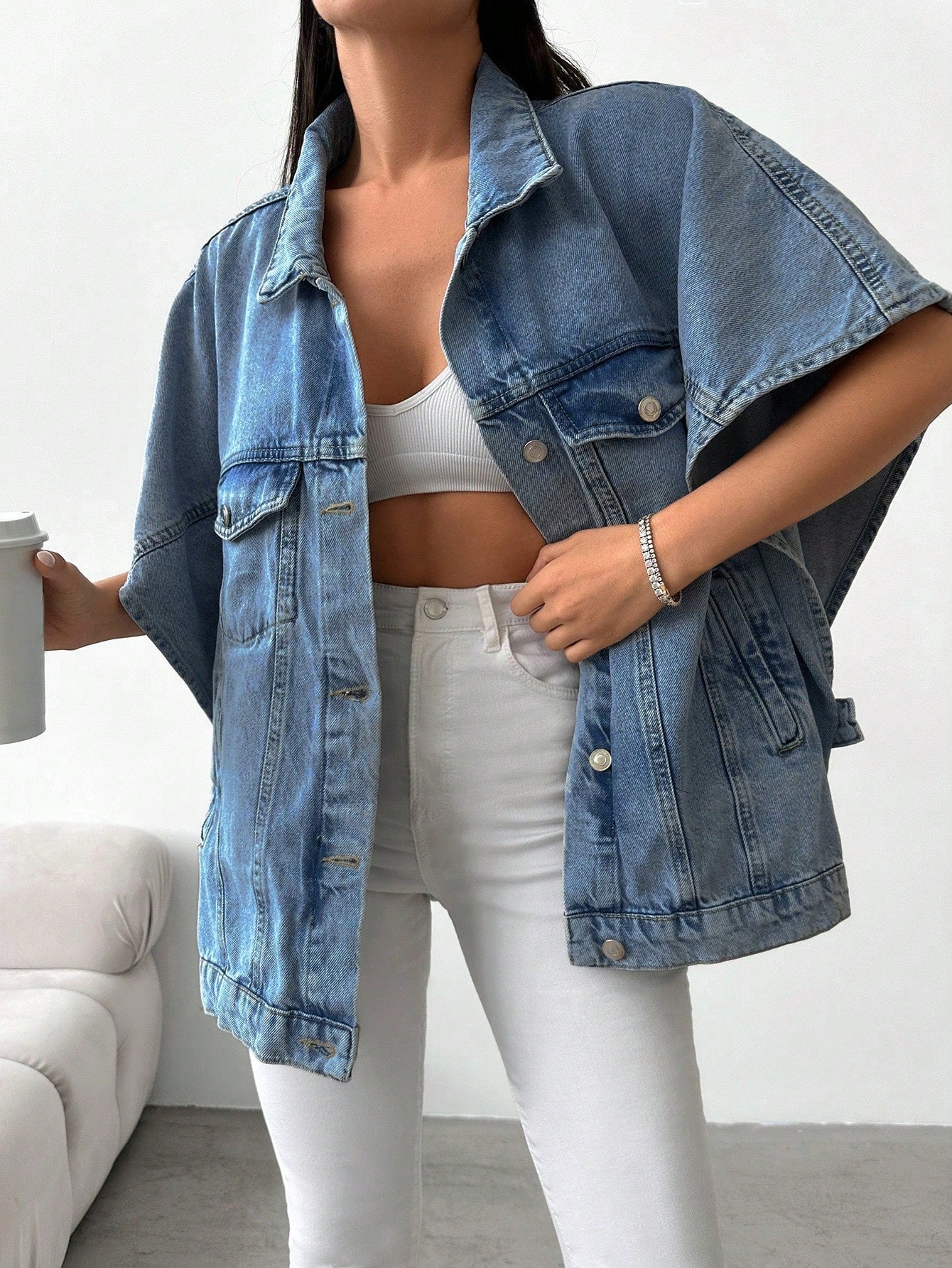 Denim Jacket with Loose Fit and Half Sleeves