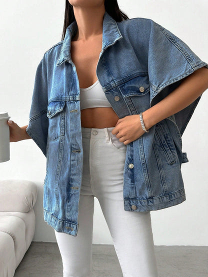 Denim Jacket with Loose Fit and Half Sleeves