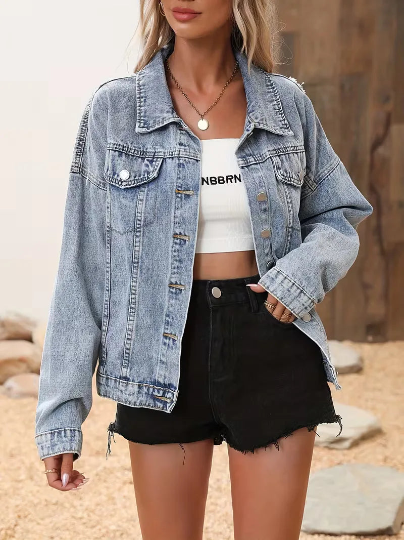 Denim Jacket with Sequin Fringe Detail