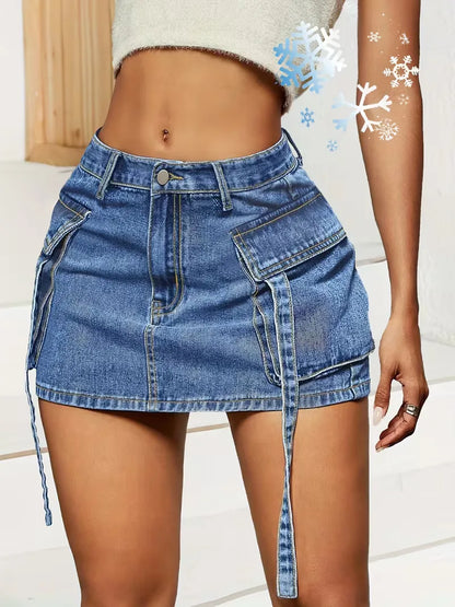 Denim skirt with flap pockets