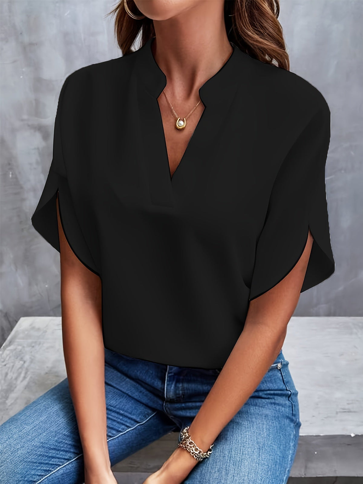 Ladies Elegant Blouse with V-Neck and Short Sleeves