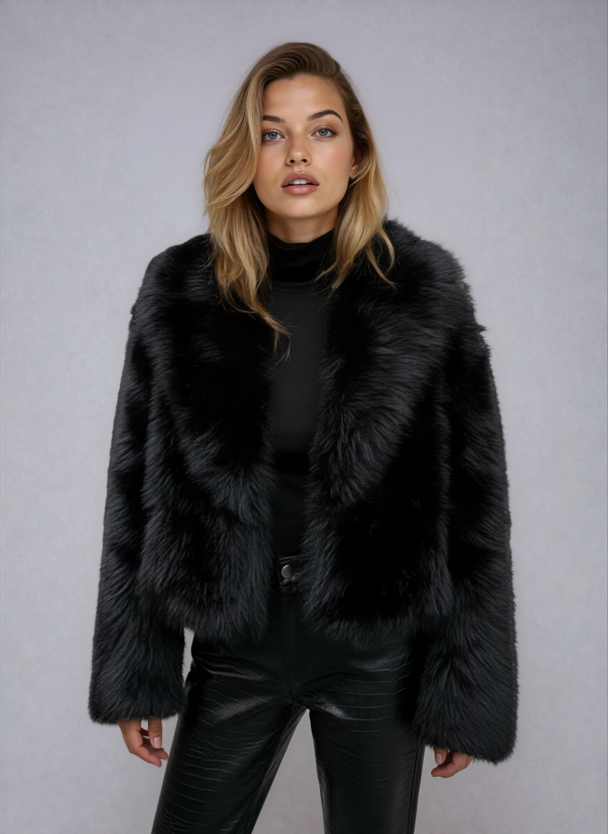 Black Faux Fur Jacket Short Model Warm and Soft for Women