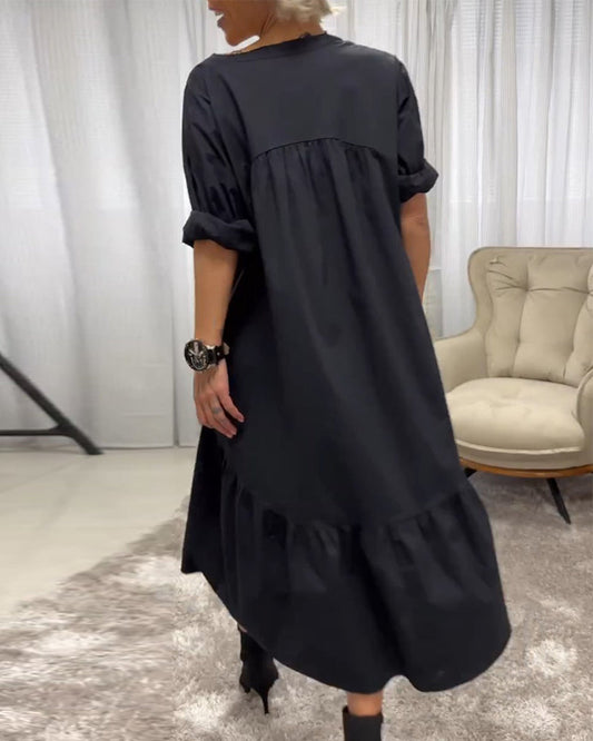 Dress with 3/4 Sleeves and Deep V-Neck