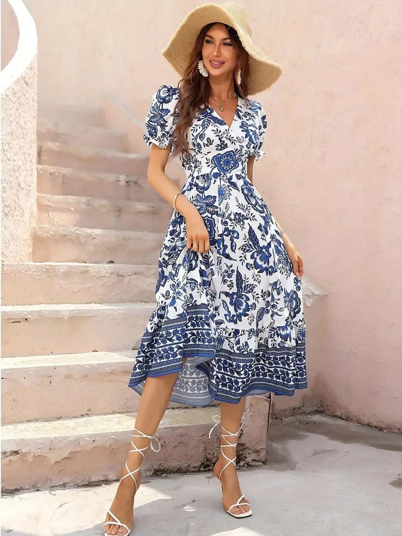 Dress with Floral Print and Round Neck - Sandra