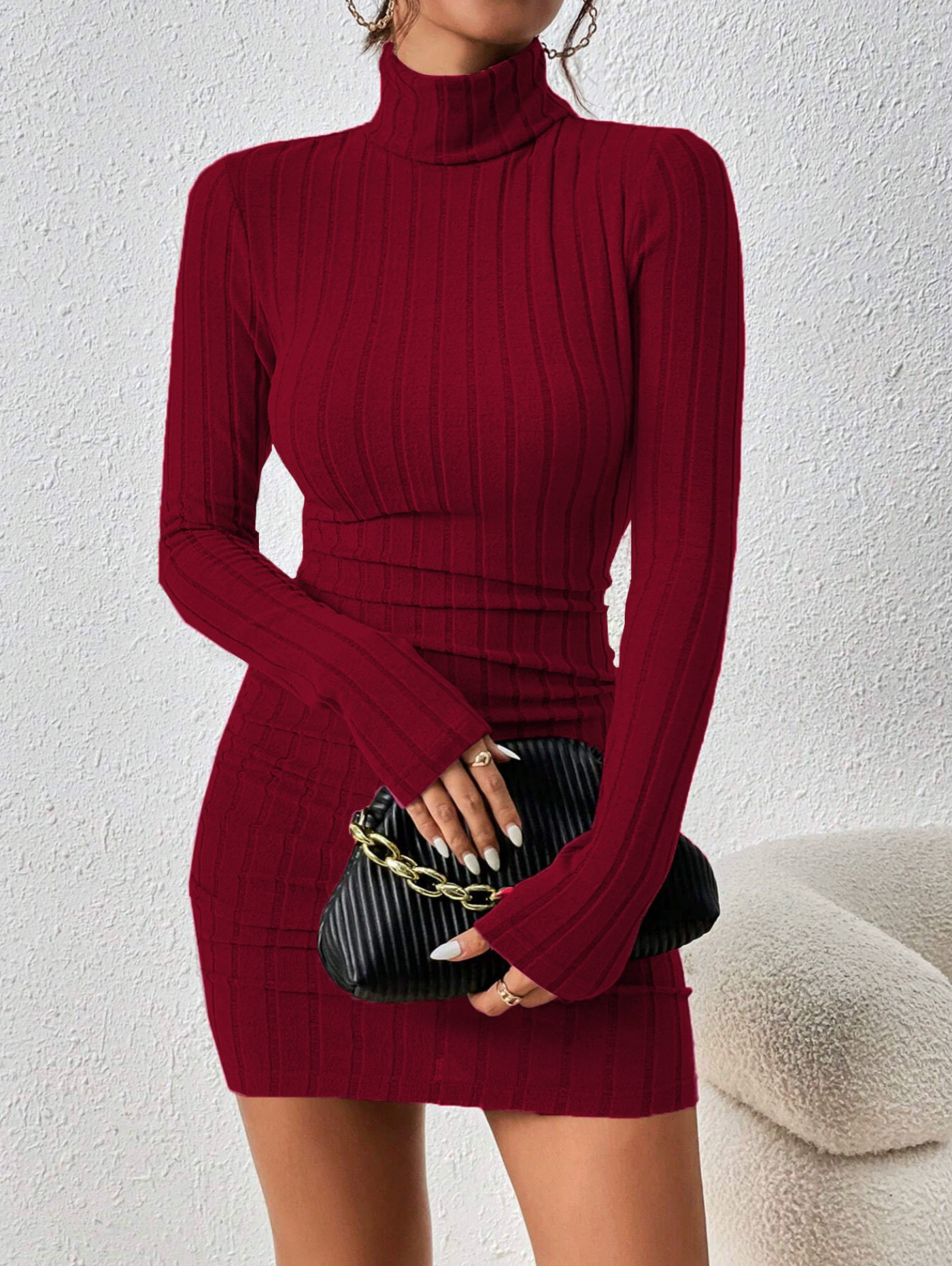 Dress with High Neck and Long Sleeves in Slim Fit