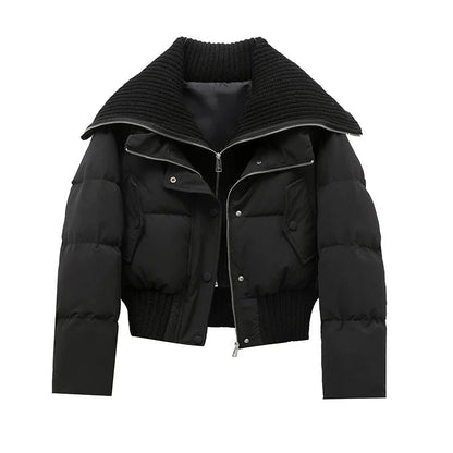 Ladies Short Puffer Winter Jacket Quilted with Ribbed Collar