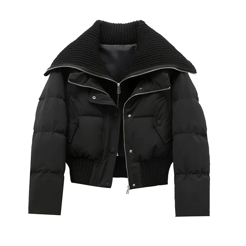 Ladies Short Puffer Winter Jacket Quilted with Ribbed Collar