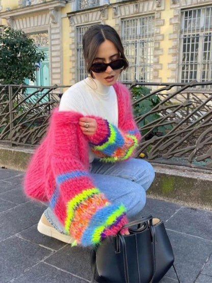 Colourful knitted short cardigan with puff sleeves for women - Aleta