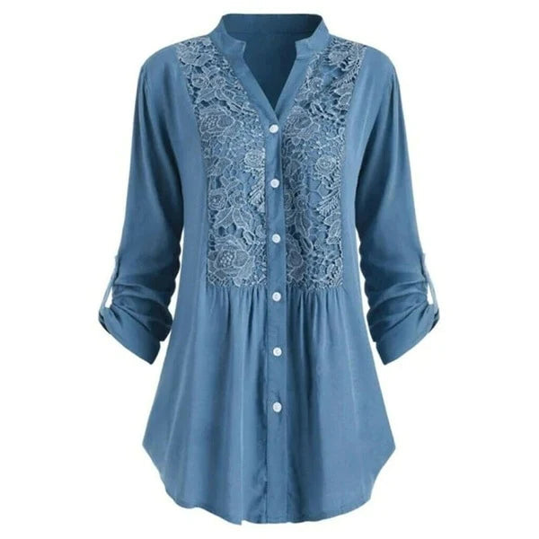 Egle – Long Women's Blouse with Puff Sleeves and Elegant Lace Details