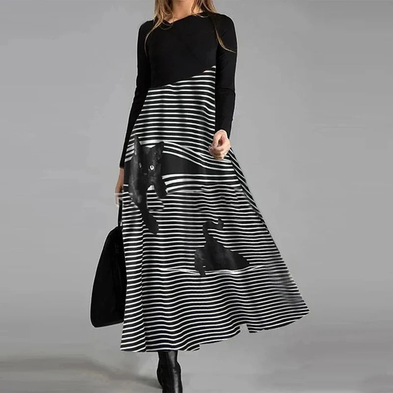 Elegant A-Line Dress with V-Neck and Long Sleeves
