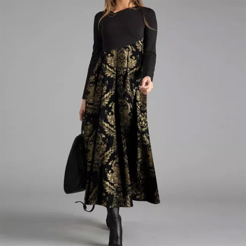 Elegant A-Line Dress with V-Neck and Long Sleeves