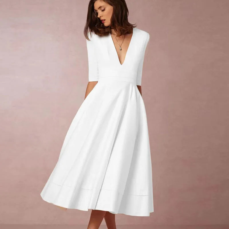 Elegant A-line Midi Dress with V-neck and Voluminous Skirt