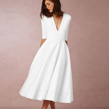 Elegant A-line Midi Dress with V-neck and Voluminous Skirt