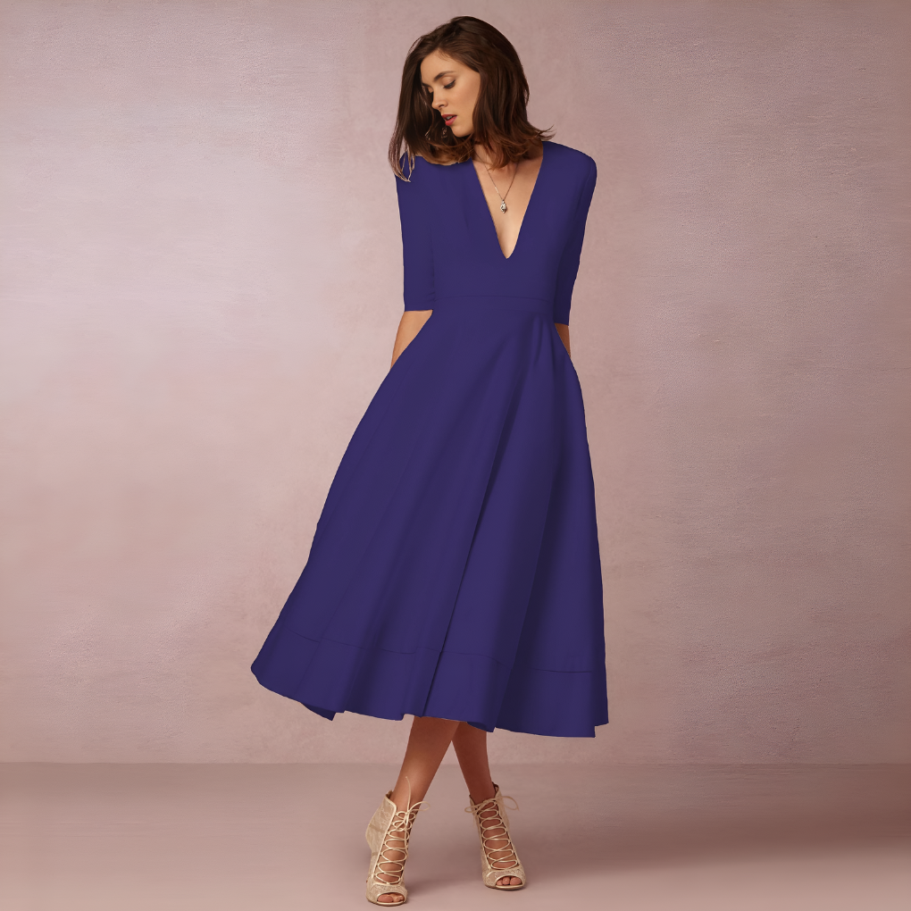 Elegant A-line Midi Dress with V-neck and Voluminous Skirt