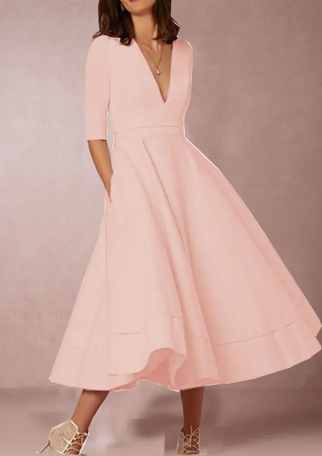 Elegant A-line Midi Dress with V-neck and Voluminous Skirt