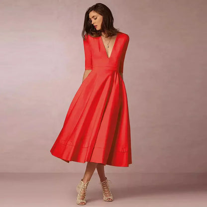 Elegant A-line Midi Dress with V-neck and Voluminous Skirt