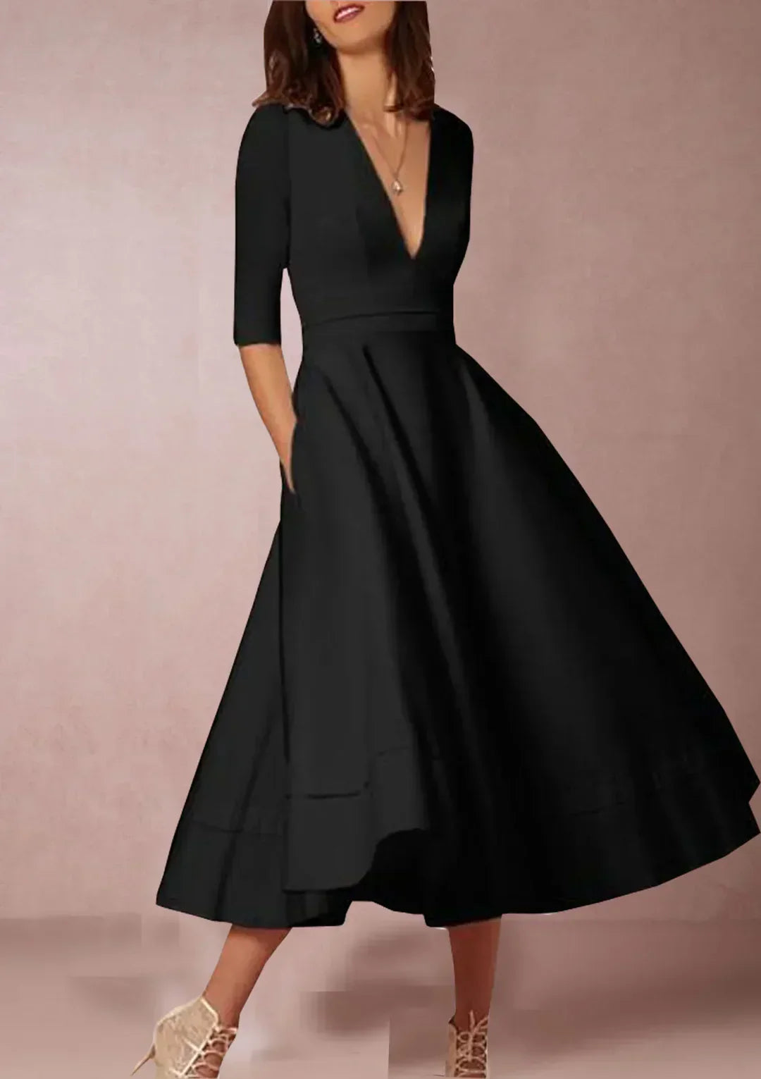 Elegant A-line Midi Dress with V-neck and Voluminous Skirt