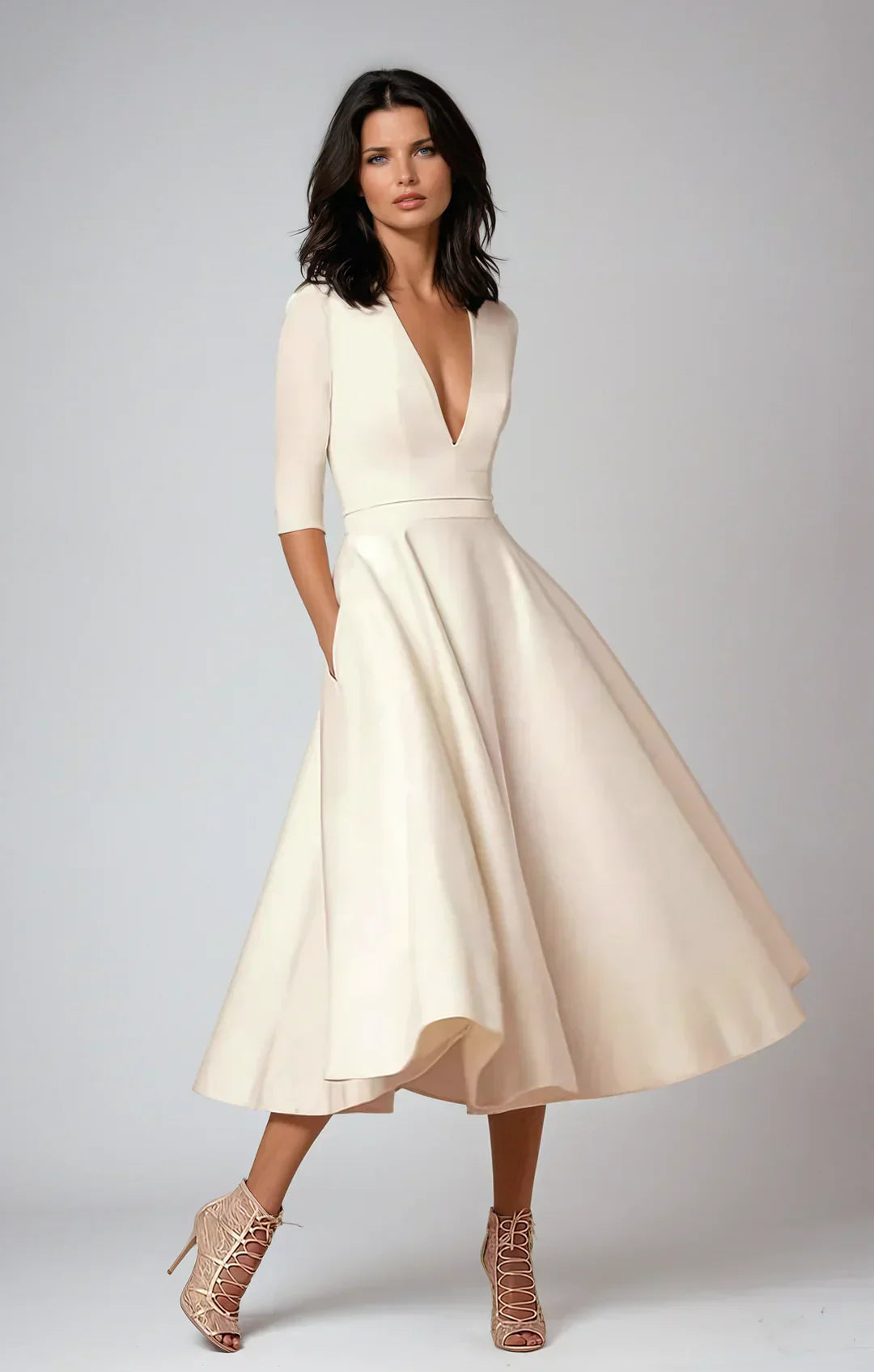 Elegant A-line Midi Dress with V-neck and Voluminous Skirt