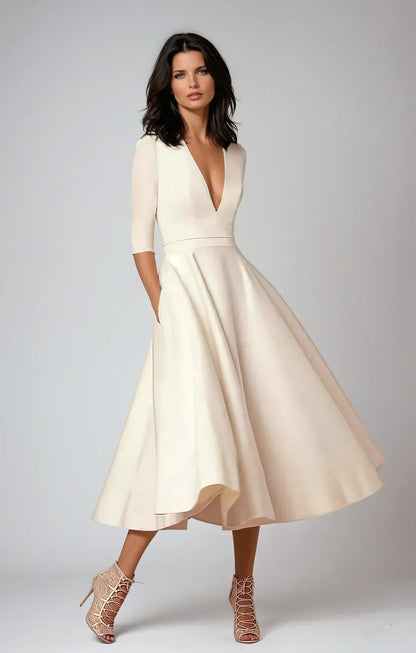 Elegant A-line Midi Dress with V-neck and Voluminous Skirt