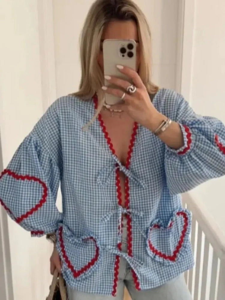 Elegant Checked Blouse with Lace and Heart Pockets - Lilly