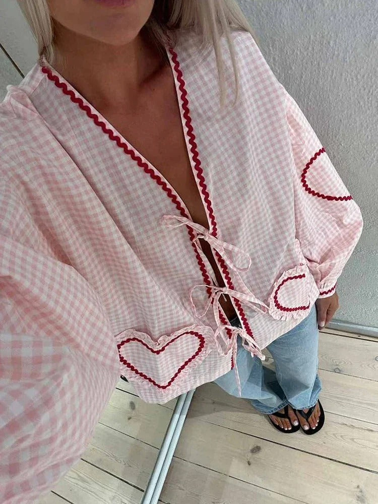 Elegant Checked Blouse with Lace and Heart Pockets - Lilly