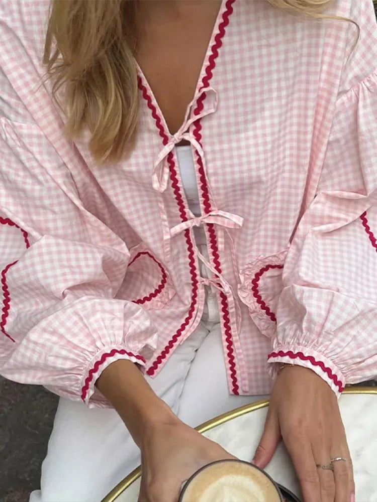 Elegant Checked Blouse with Lace and Heart Pockets - Lilly