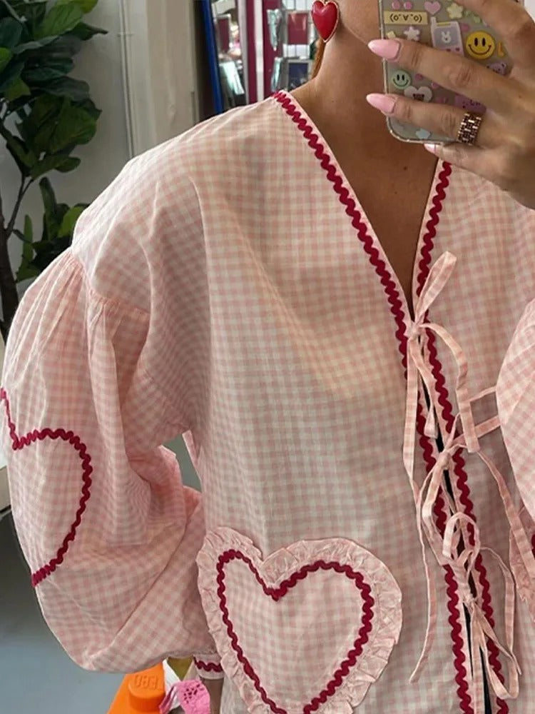 Elegant Checked Blouse with Lace and Heart Pockets - Lilly