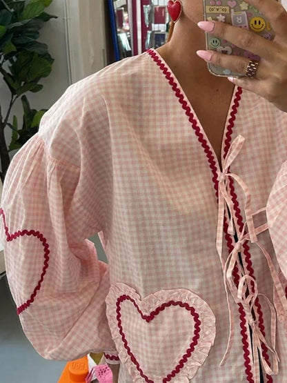 Elegant Checked Blouse with Lace and Heart Pockets - Lilly