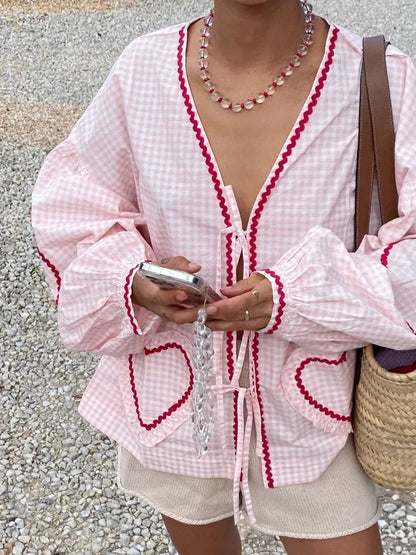 Elegant Checked Blouse with Lace and Heart Pockets - Lilly