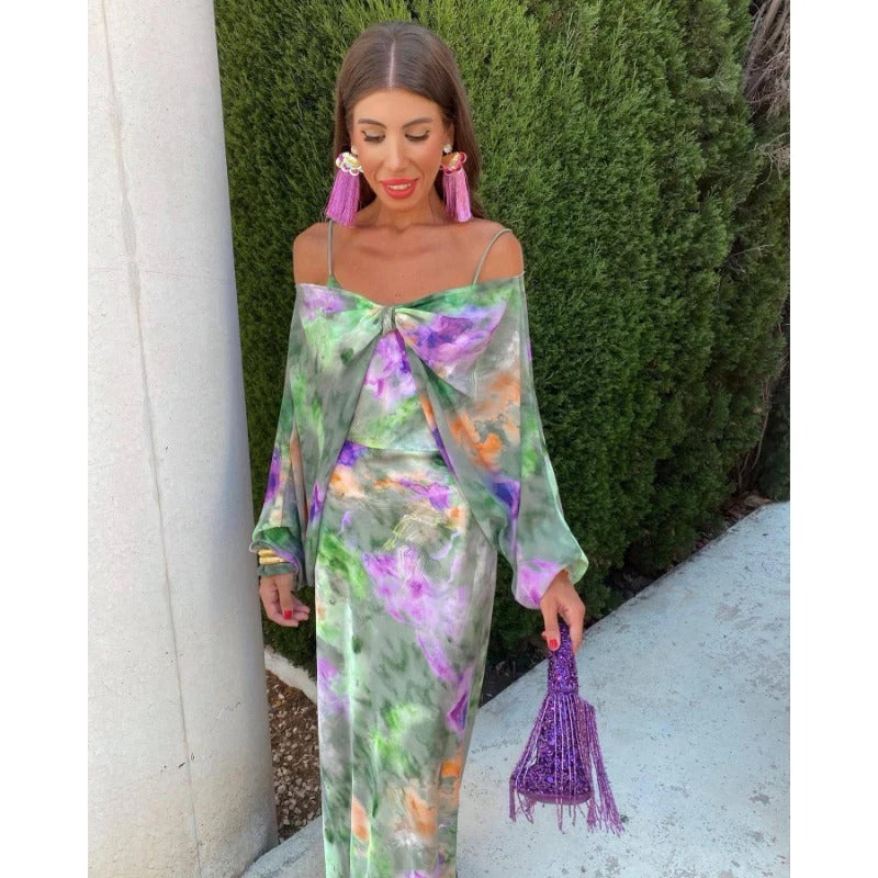 Elegant Colorful Maxi Dress with Removable Scarf - Romy